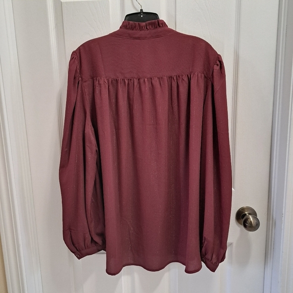 DKNY Women's Lurex Blouse Burgandy Long Sleeve Ruffle Top Medium NWOT - Picture 13 of 14
